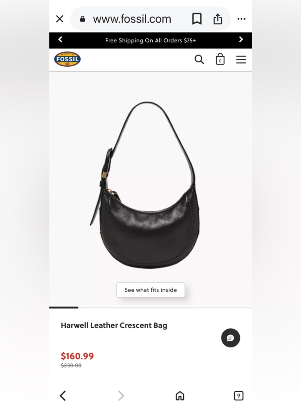 Black Leather FOSSIL Crossbody Bag with Gold Hardware